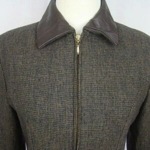 Braebrook Women's Size 4 Wool Jacket Brown Check Leather Trim Zip Up NWT